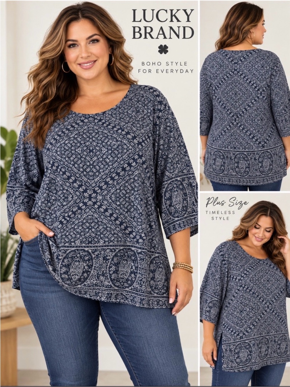 Lucky Brand Paisley Tile Print Border Tunic Top Blue Gray Plus Size 2X boho